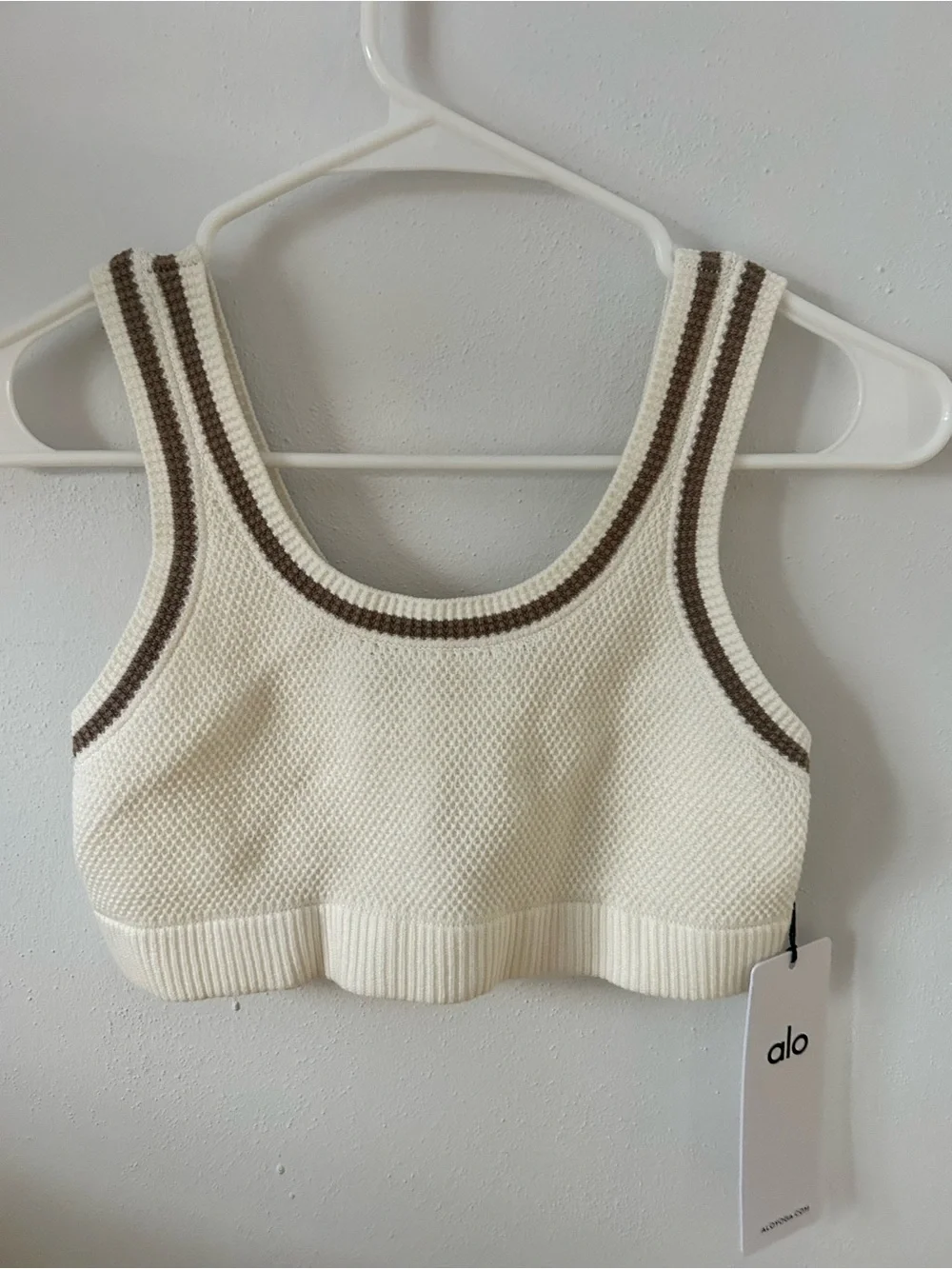 ALO Yoga Cream Knit Sports Bra with Brown Trim